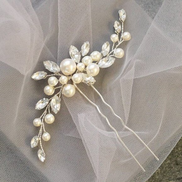Pearl Bride Wedding Hair Pins Silver Bridal Hair Clip Accessories Rhinestone Hai - Picture 3 of 7